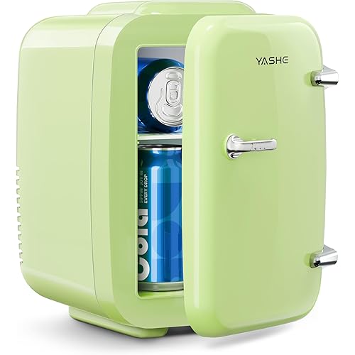 YASHE Mini Fridge, 4 Liter/6 Can Mini Makeup Fridge, 110V AC/ 12V DC Portable Thermoelectric Cooler&Warmer for Skincare, Drink, Cosmetic, Medicine, Small fridge for Bedroom, Office, Dorm, Car, Green