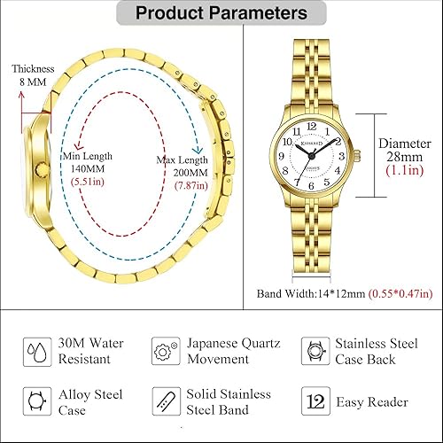 Miniatura 6 de Easy Reader Watch for Women with Solid Stainless Steel Band Ladies Dress Watch Water Resistant Gold White,Silver Blue,Silver Gold,Silver