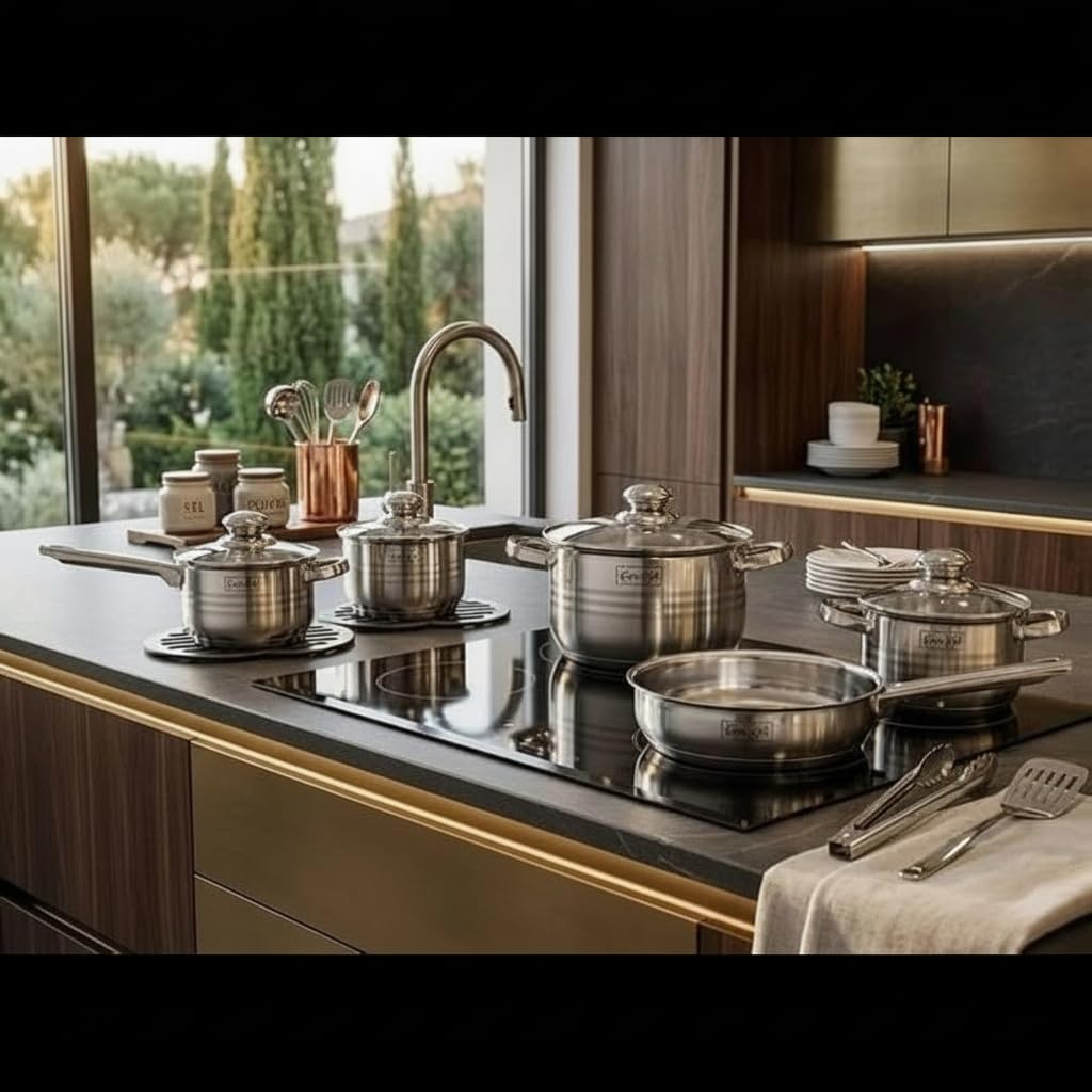 Batería de cocina de acero inoxidable, 12 unidades, con tapas de cristal