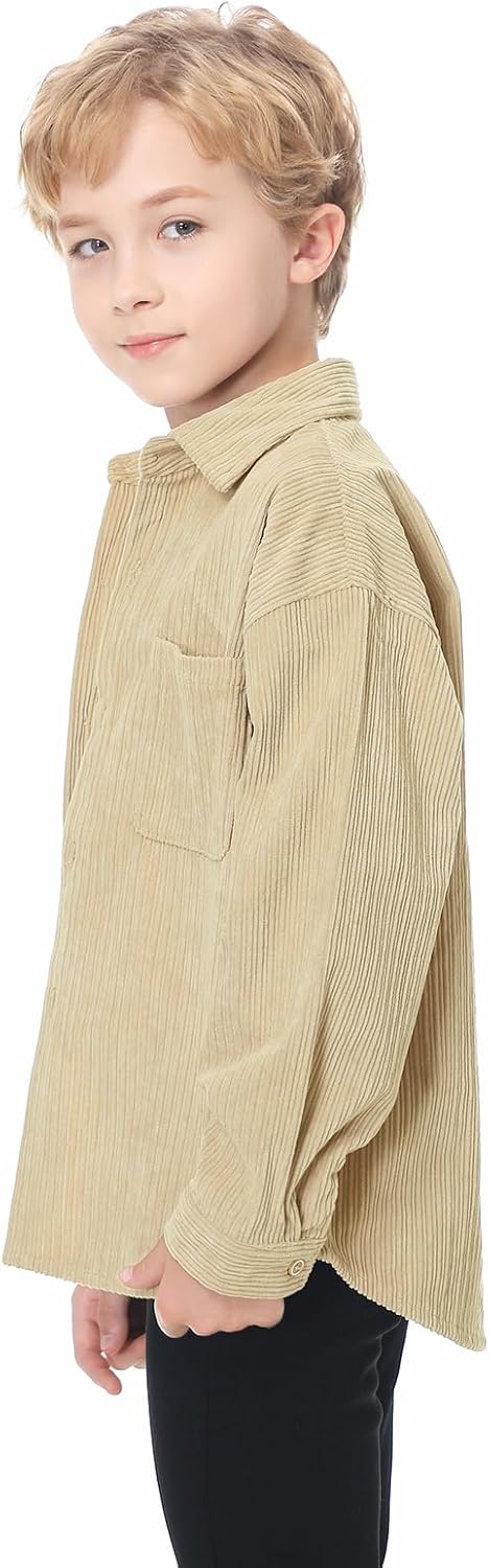 LOLANTA Boys Corduroy Shirts Kids Western Botton Down Shacket with Pocket Fall Long Sleeve Solid Lapel Tops