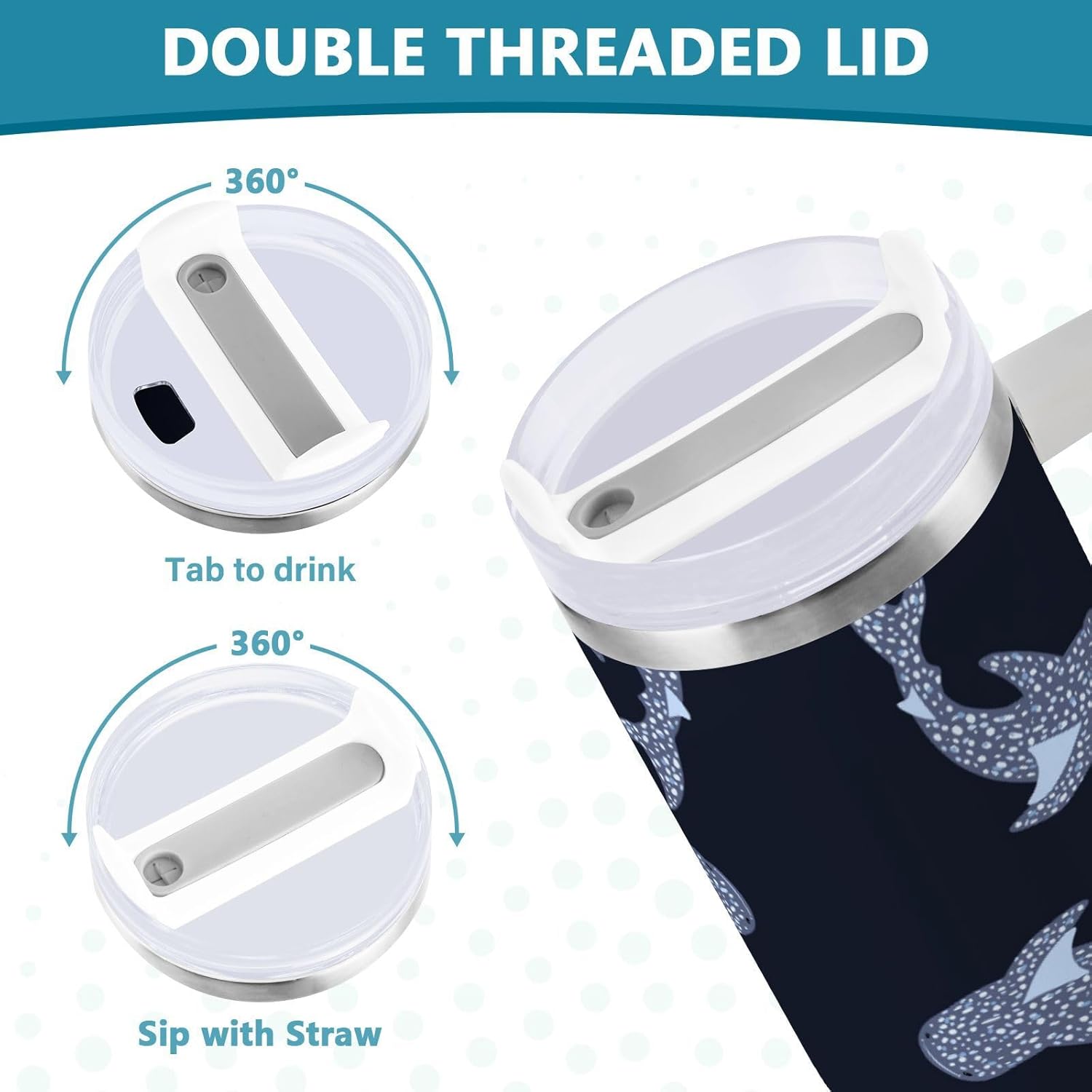 Boccsty Dark Whale Sharks Insulated Tumblers Reusable Stainless Steel Tumbler 30 oz Cup Coffee Travel Mug Water Bottle with Handle & Flip Straw for Home Office Car - Image 5