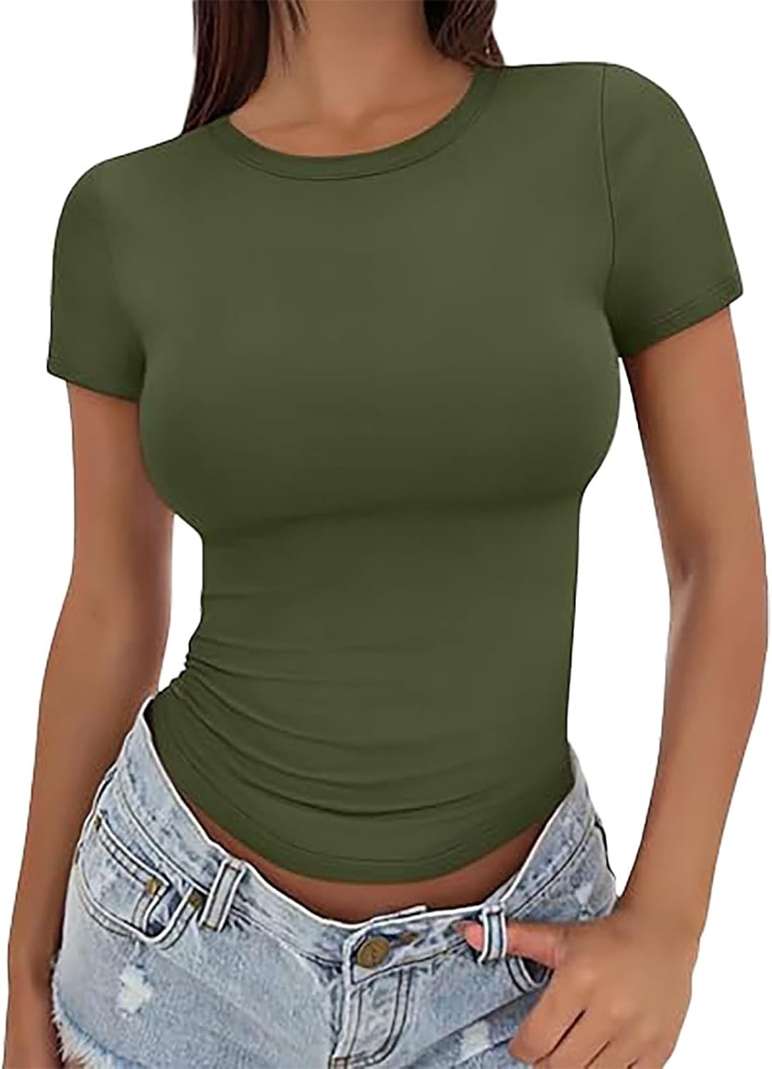 Womens Basic Short Sleeve Crew Neck T Shirt Slim Fit Tees Summer Y2k Going Out Fitted Top Cute Tight Shirts