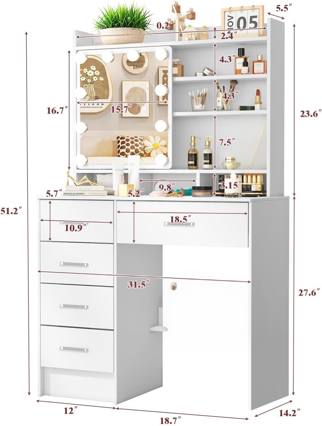 Small Vanity Desk Mirror with Lights,6 Drawers 8 Storage Shelves,3 Lighting Modes & Adjustable Brightness for Bedroom,White,31.5" L*14.2" W*51.2" H
