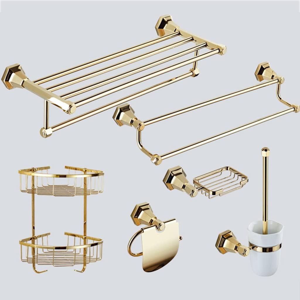 LSLYTQ Style Full Copper Gold Towel Ring, Coat Hook, Toilet Brush, Double Cup, Hair Dryer, Tissue Holder, Light Luxury Bathroom Accessories Kit