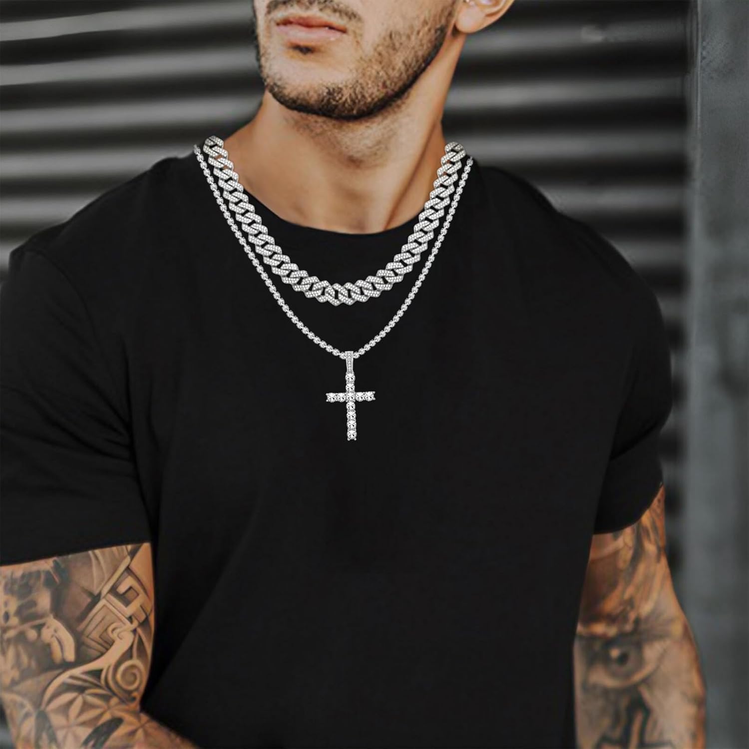 4 Pieces Cuban Link Chain for Men Silver Necklace and Bracelet Set Bling Diamond Necklace Bracelet Miami Cuban Chains Hip Hop Jewelry for Men Women - Image 5