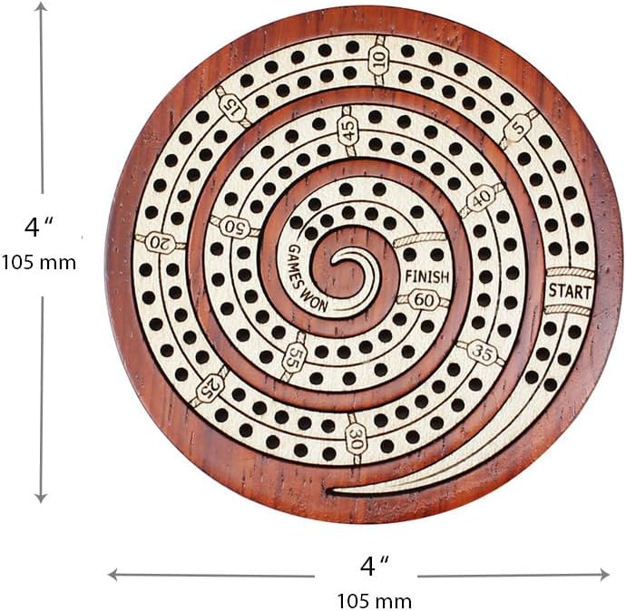 House of Cribbage - 2 Track 60 Points - Spiral Shape Pocket Size Wooden Travel Cribbage Board - Size 4 Inch (Bloodwood/Maple Wood)