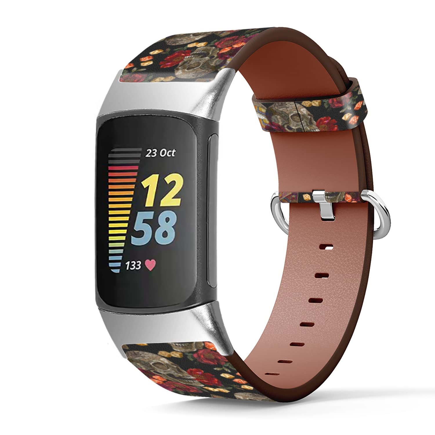 Compatible with Fitbit Charge 5, Patterned Leather Replacement Band (Embroidery Skull and Playing Cards Pattern)
