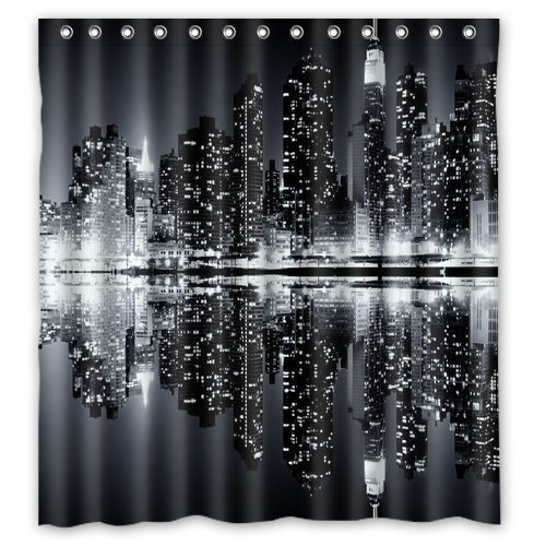 Lawrence Unik och New York Skyline svartvit duschdraperi med krokar anpassat tryckt vattentätt tyg polyester bad gardin badrum dekor duschdraperi med krokar 66 x 72 tum