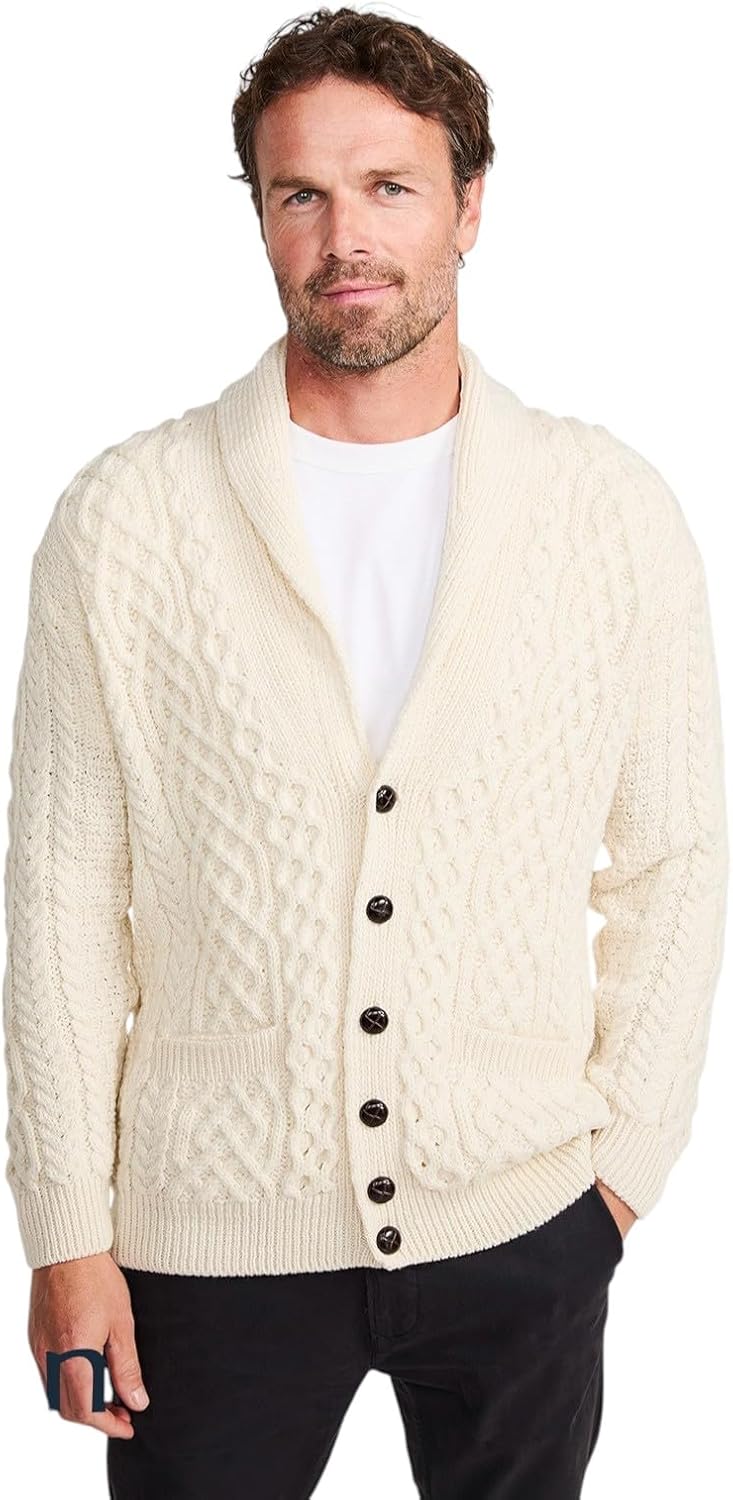 Aran Woollen Mills Shawl Collar Men’s Cardigan – 100% Merino Wool, Irish Aran Cable Knit Sweater with Buttons & Front Pockets