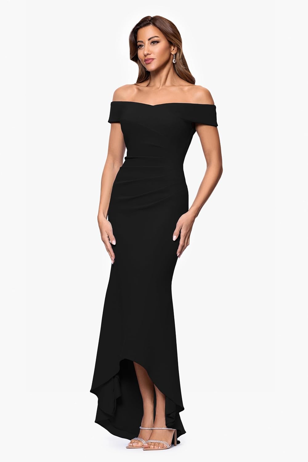 Xscape Womens Off The Shoulder High Low Long Scuba Crepe Dress - Image 2