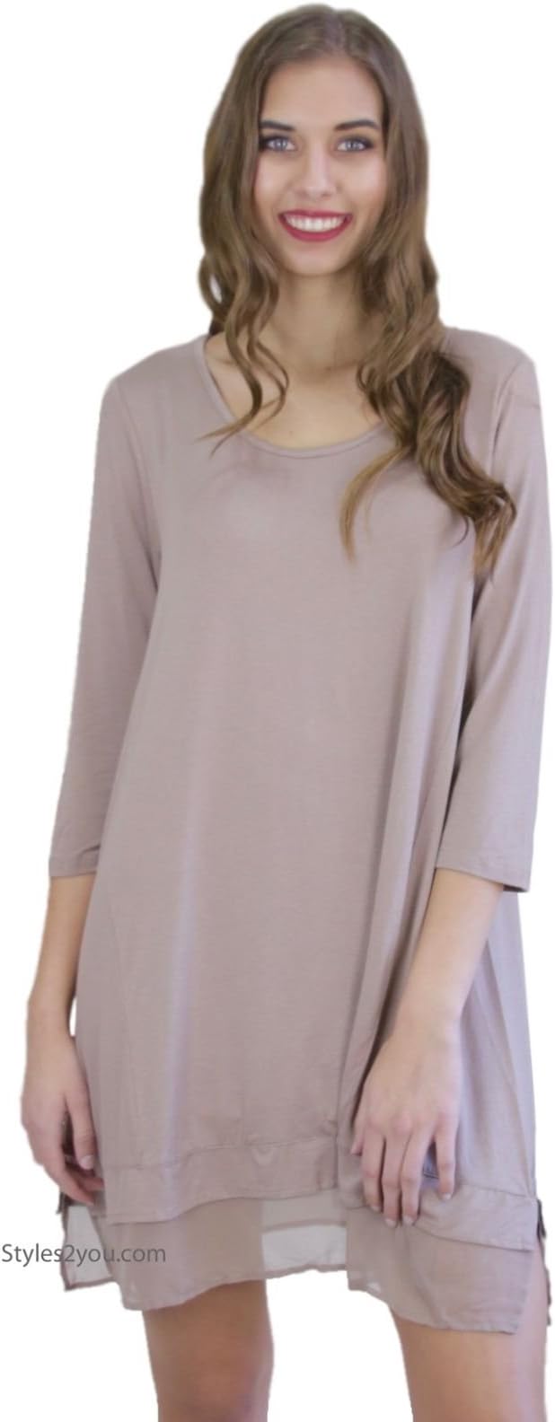 Monoreno Texas 3/4 Sleeve Basic Knit Dress With Chiffon Hem In Dune (Large, Dune)