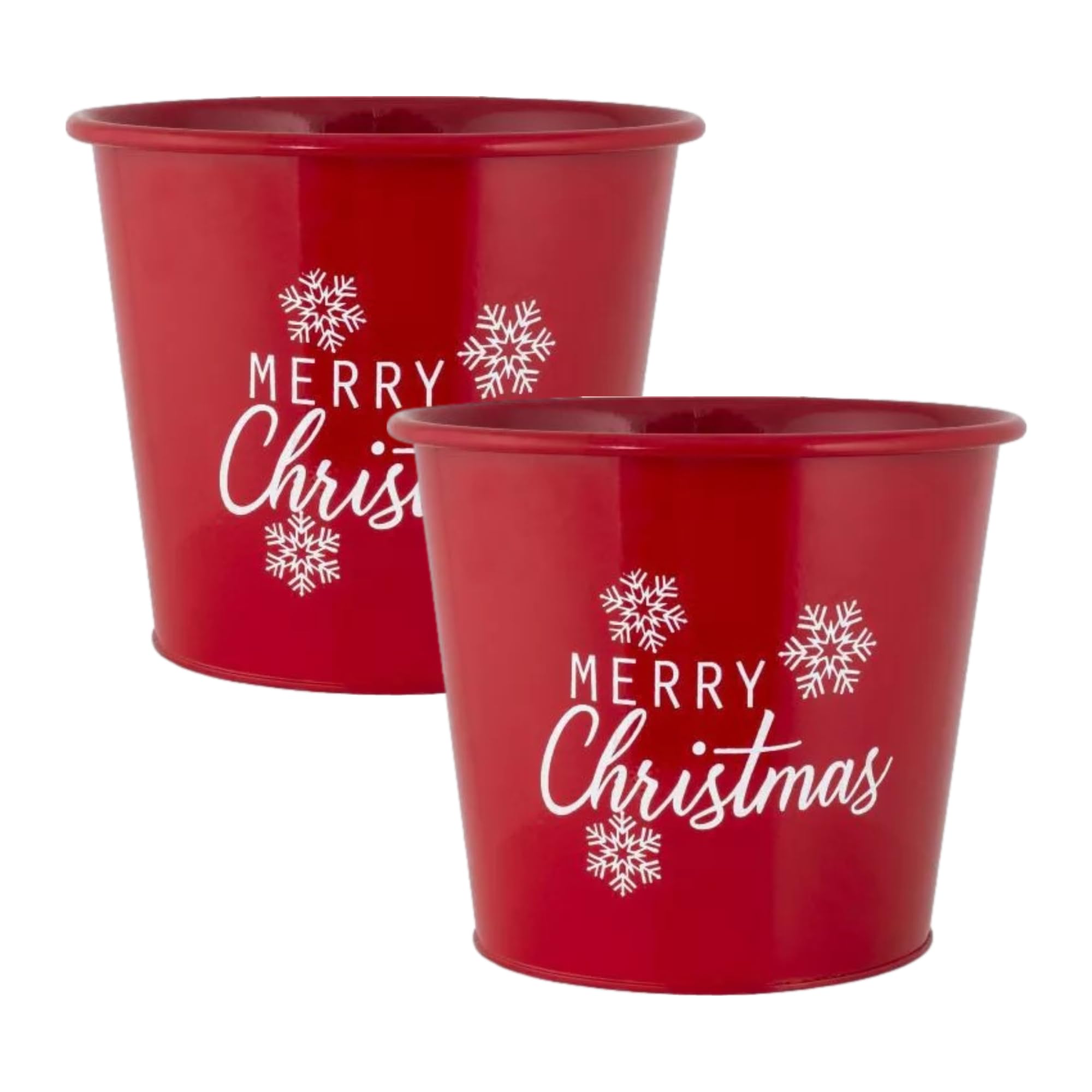 Fyne-Finds Red Metal Merry Christmas Plant Pot Pail 20Cm, 8Inch Planter Xmas Decor Snowflakes Themed Pots (2)