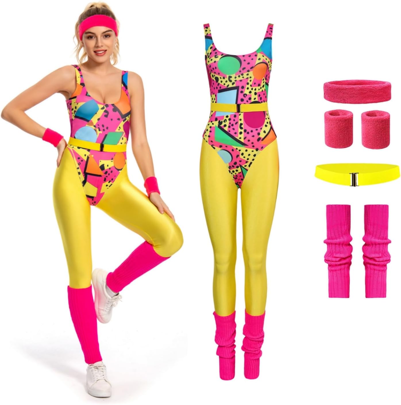 80s Workout Costume for Women Adult Aerobics Outfit Yoga Jumpsuit 90s Retro Accessories Set Leotard Legging Headband