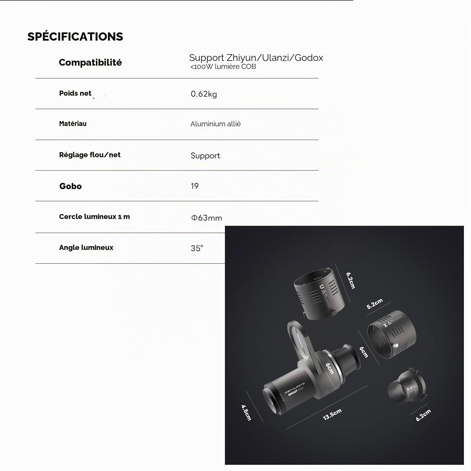 DF DIGITALFOTO Mini Snoot Optique, Fixation pour Spotlight Photographique avec Monture Zhiyun/Ulanzi/Godox, 33 Gobos, Cadre Magnétique, Compatible avec ZHIYUN CINEPEER CX100, Godox ML100Bi/ML60IIBi