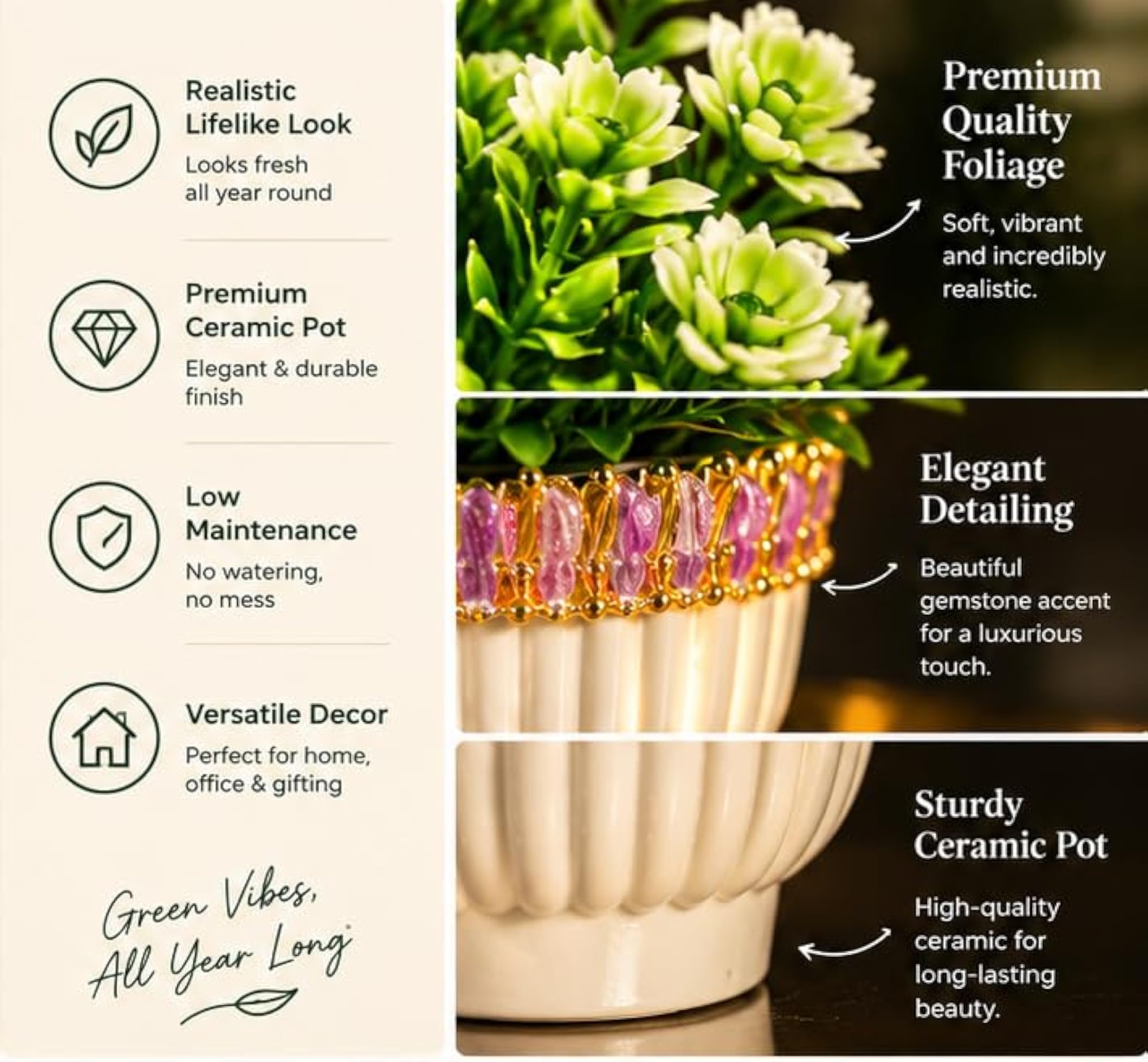 Artificial Flower Pot with Colour Changing LED Light, 22 cm