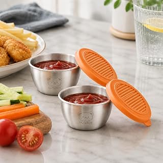 2 Pack 2.7oz Salad Dressing Container, 80ml Small Portable Condiment Snacks Jar, Reusable 304 Stainless Steel Sauce Cups with Leakproof Lids for Lunch Bento Box Dips Picnic Travel, Orange