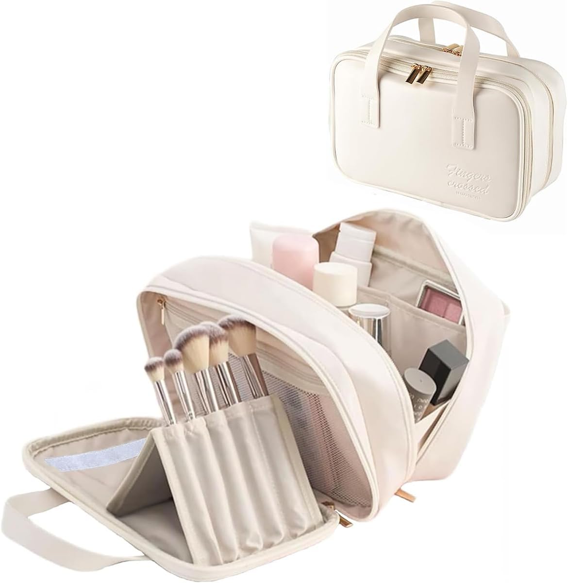 PawPawU® Cosmetic Makeup Bag, Travel Toiletry Organizer Pouch for Women, Vegan Leather Waterproof Zippered Beauty Washbag with Handles for Keeping Beauty Essentials Organized (Beige)