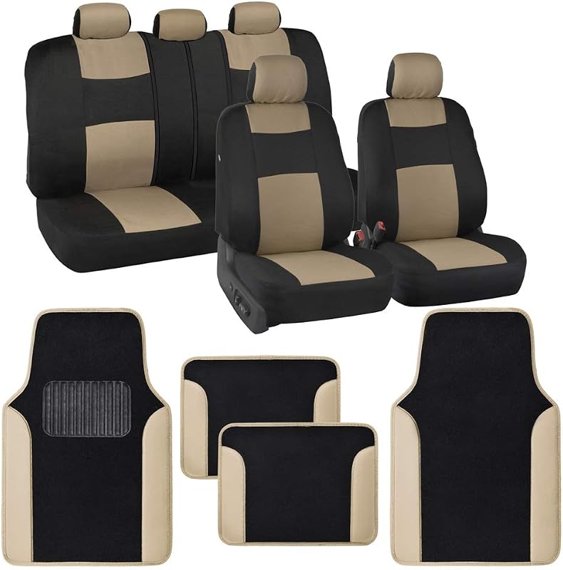 BDK PolyPro - Juego completo de fundas para asientos de auto, color beige, con alfombrillas de 4 piezas, fundas de asiento de dos tonos para autos con alfombra, fundas interiores para auto, camión, furgoneta, SUV
