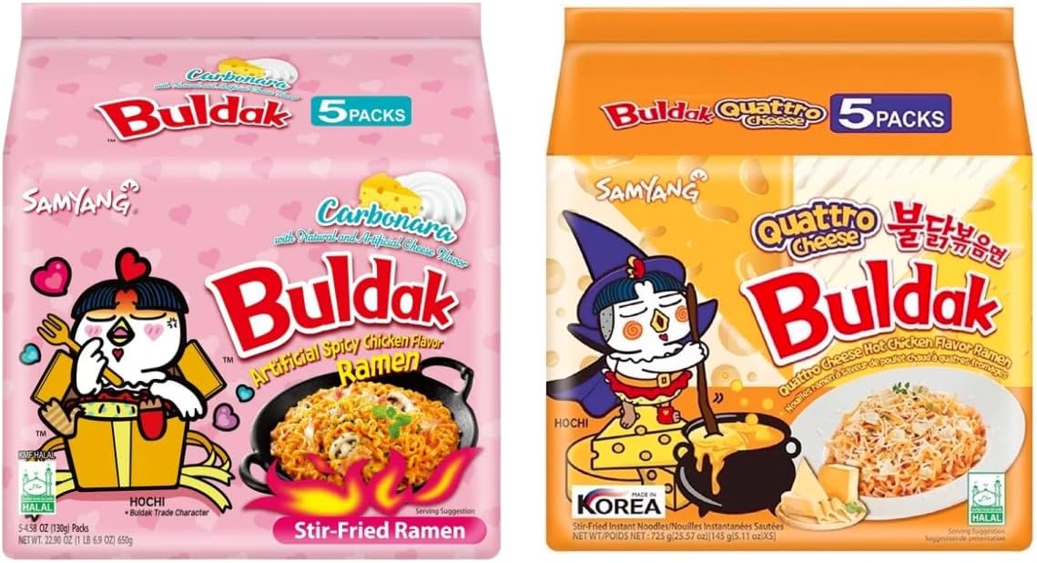 Samyang Buldak Spicy Ramen, Hot Chicken Ramen, Korean Stir-Fried Instant Noodle, Cream Carbonara and Carbo Cheese, (Pack of 10)