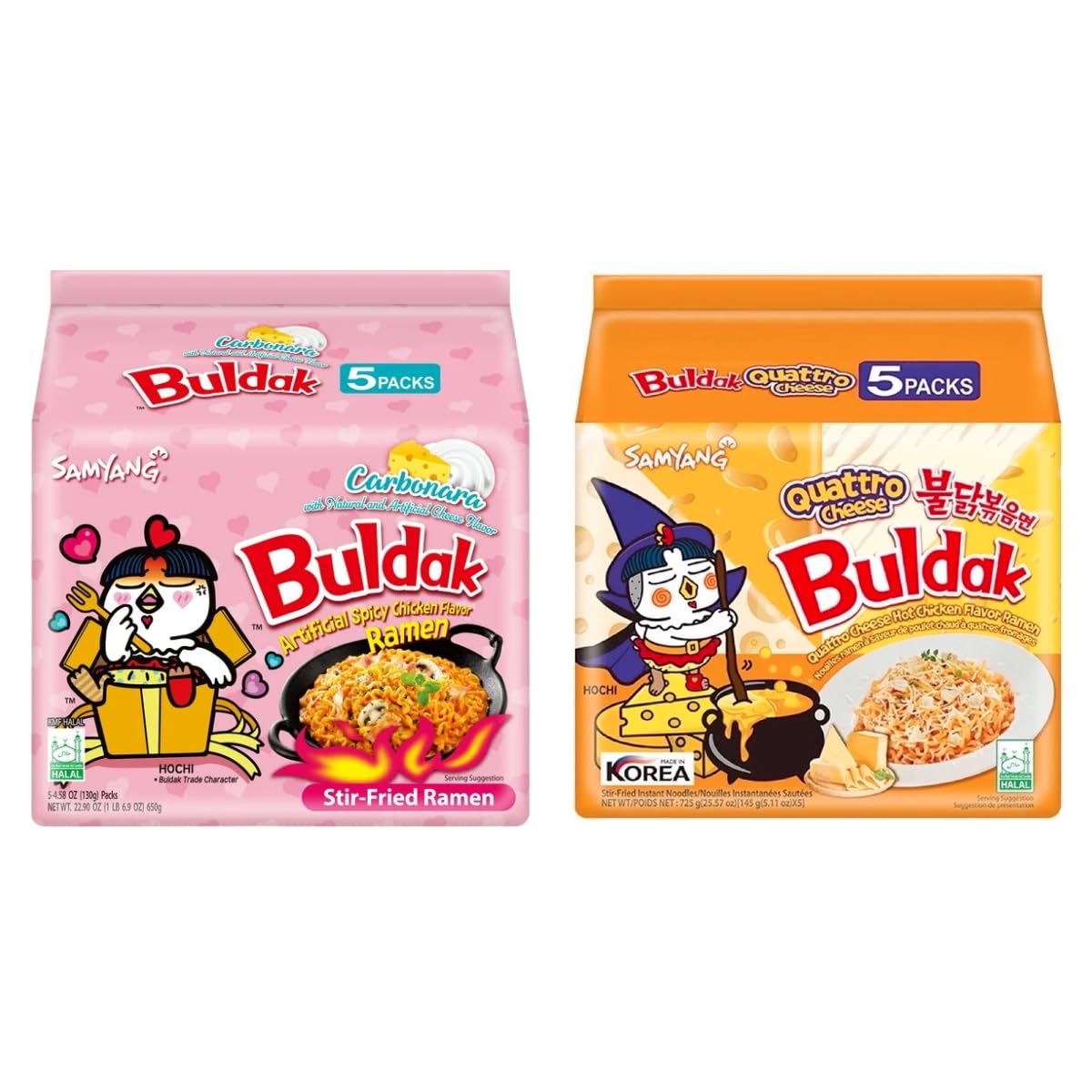 Samyang Buldak Spicy Ramen, Hot Chicken Ramen, Korean Stir-Fried Instant Noodle, Cream Carbonara and Carbo Cheese, (Pack of 10)