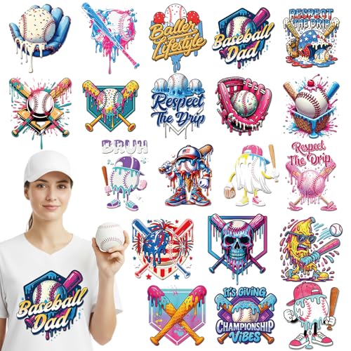 Dazoratix Baseball Iron on Transfers - 20 Sheets Icecream Drip DTF Ready to Press for T Shirts Heat Patches Bulk Stickers Vinyl Decals for Boys Clothes Bag Hat Pillow DIY Crafts Appliques Decorations