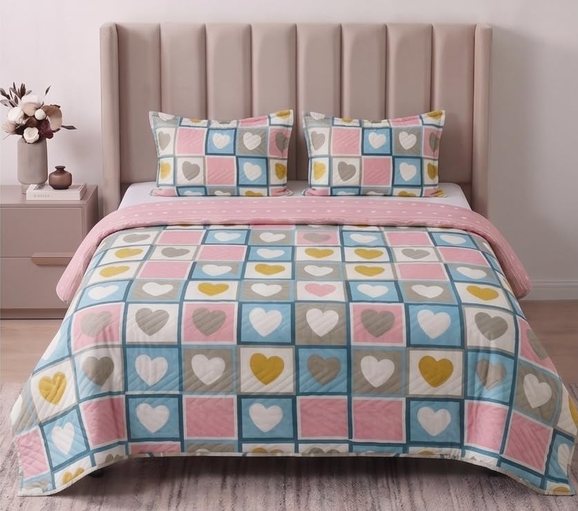 Furnistitchs Premium Microfiber Quilted Bedcover King Size Double Bed (90x100 Inches) | Luxury Bedspread & Heavy Sheet with 2 Pillow Covers | All-Season Comforter Blanket for Gifting - Pink Love-image-23