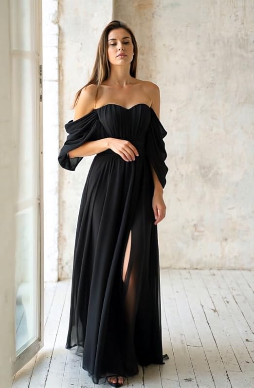 Amazon.com: Chicbridal Black Bridesmaid Dresses for Women Off The Shoulder  Chiffon Sweetheart Long Formal Wedding Guest Dresses Black US0 : Clothing,  Shoes & Jewelry