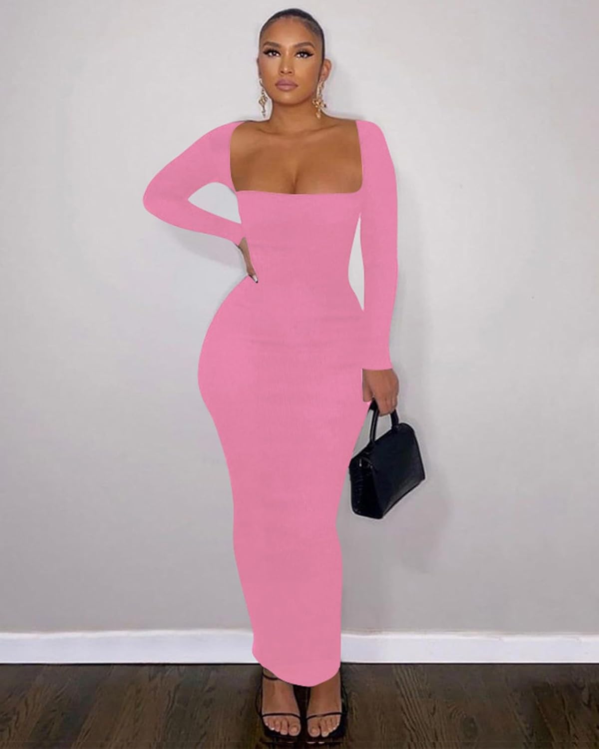 Doweha Women's Square Neck Long Sleeve Maxi Dress Sexy Knit Bodycon Long Dress for Women