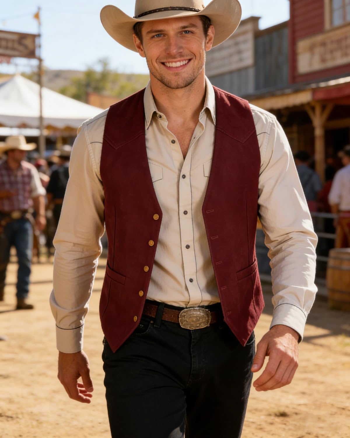 Bakerbear Retro Casual Men's Cowboy Vest Western Suede Leather Waistcoat