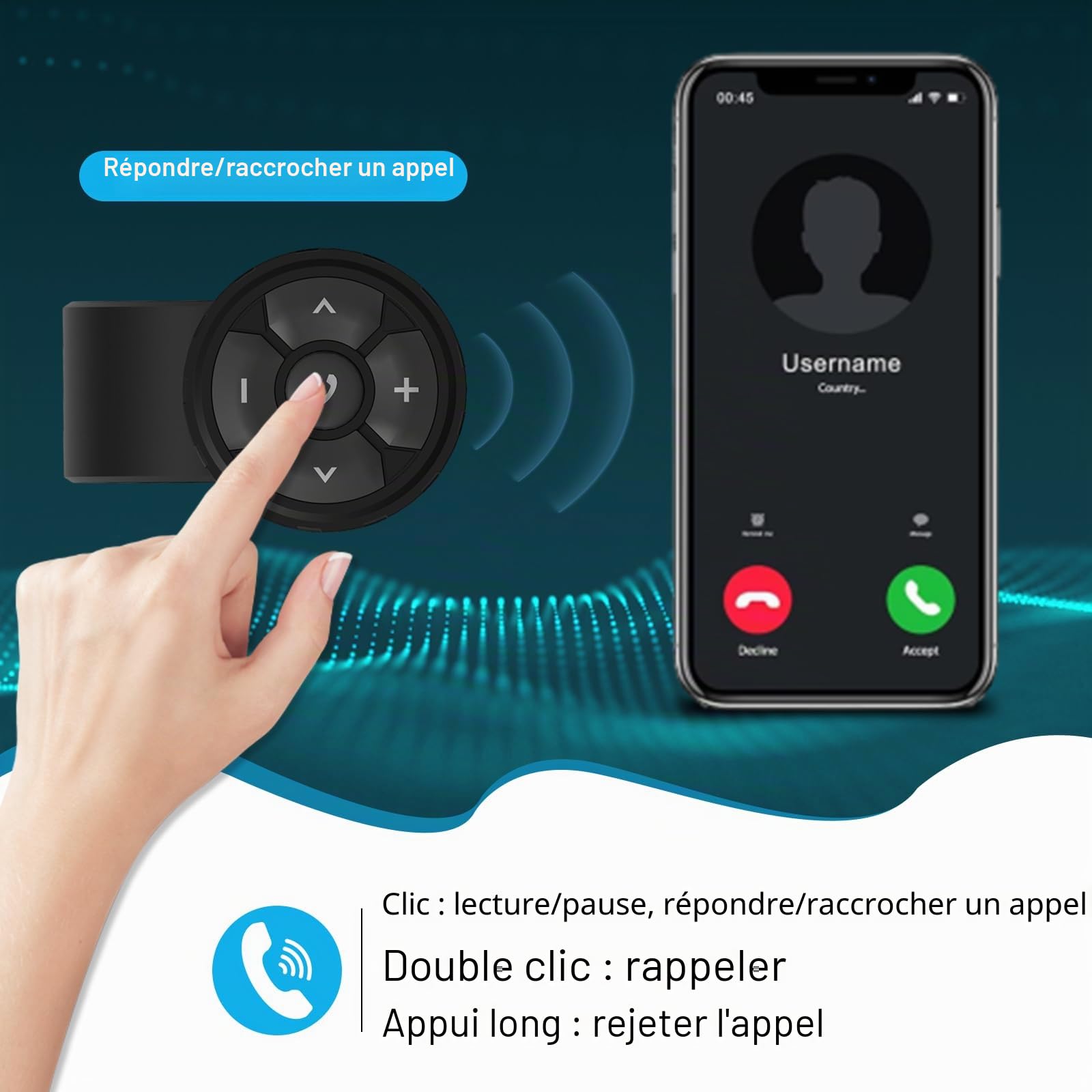 Fyearfly Bouton Télécommande Multimédia Bluetooth pour Guidon, Casque Audio sans Fil pour Casque, Contrôleur Multimédia pour Guidon de Moto, pour Contrôler La Musique, Les Appels Et Le Volume