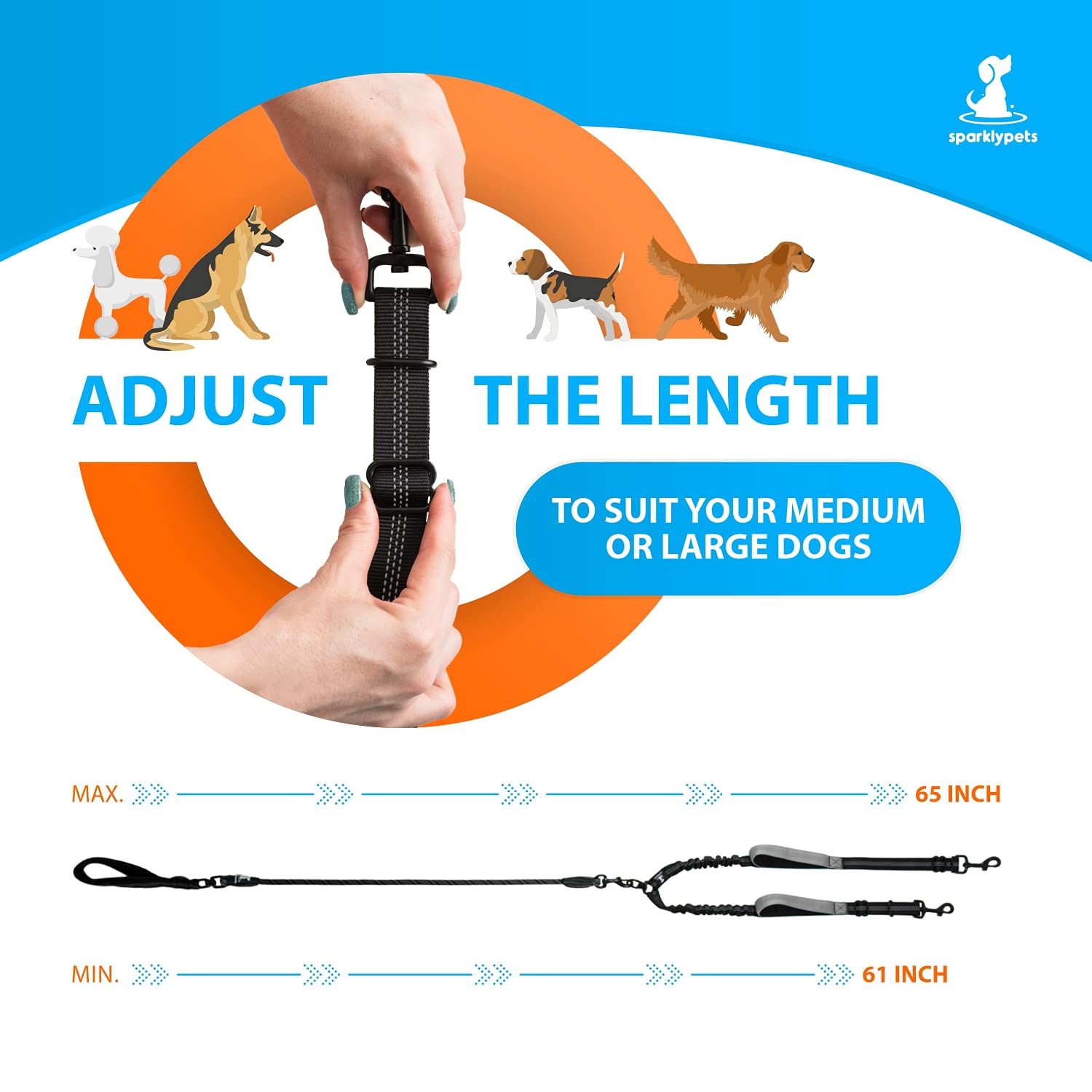 Double Dog Leash for 2 Dogs – Rope Bungee Dual Leash for Medium and Large Breeds with Padded Handles & Tangle Free (Black, Medium/Large)