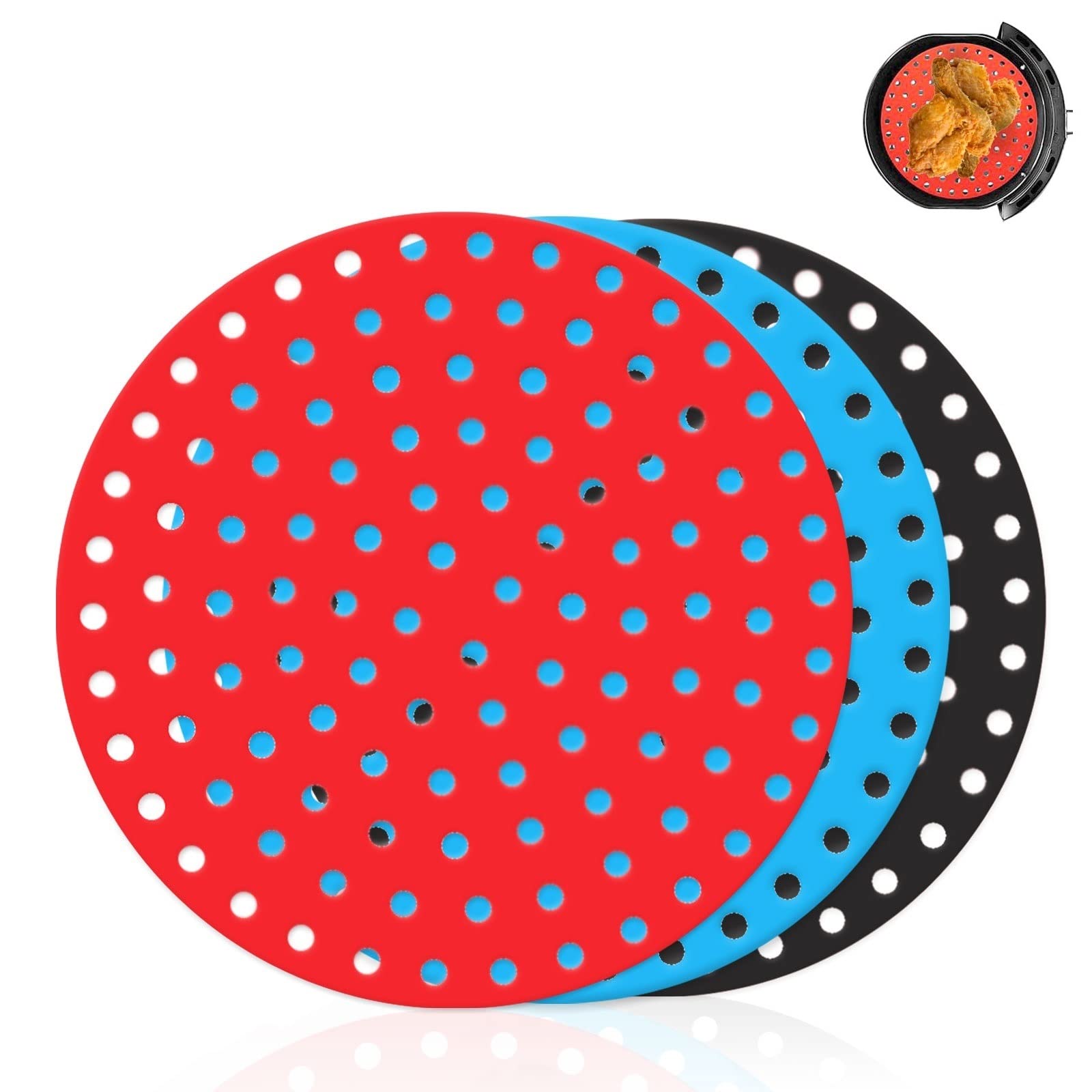Azlanway siliconen airfryer mat - set van 2 rood en zwart, herbruikbare anti-aanbakaccessoires, geperforeerd bakpapier, hittebestendig, BPA-vrij, vaatwasmachinebestendig