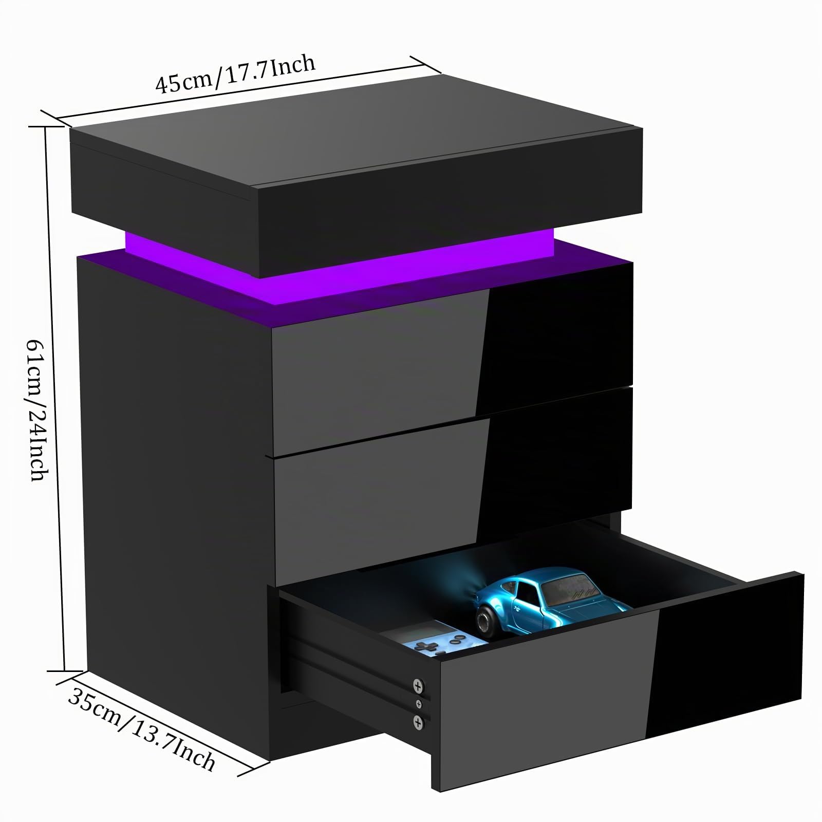 Set di 2 Comodino Camera da Letto con LED, Comodini Moderni con Patta Superiore a Giorno e Cassetto, Tavolino da Notte, Mobili Salvaspazio per Camera da Letto, Soggiorno, 45x35x61cm Comodino Nero
