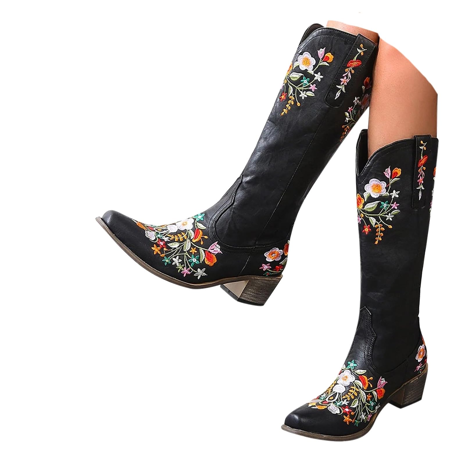 ZSpzx Women Cowboy Knee High Boots Western Cowgirl Retro Floral Embroidered Leather Wide Calf Square Toe Chunky Block