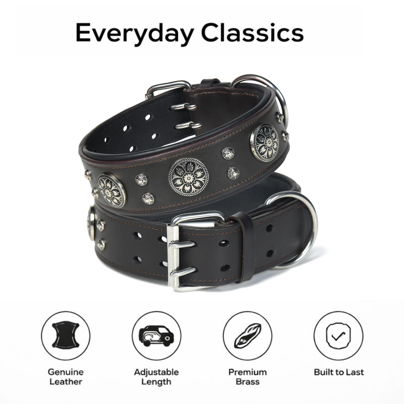 Handgefertigtes Hundehalsband aus echtem Leder, 5,1 cm breit, strapazierfähig, weich und luxuriös, Western-Design mit Doppelzinken-Schnalle, ideal für große und mittelgroße Hunderassen, Braun, Größe M