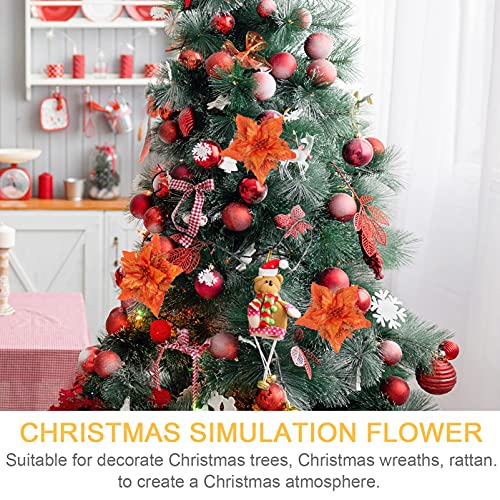 TOYANDONA 6 Pieces Glitter Poinsettia Flowers Christmas Tree Ornament Artificial Xmas Flowers Fake Flower DIY Wreath Festival Wedding New Year Christmas Decor (Orange) - Image 4
