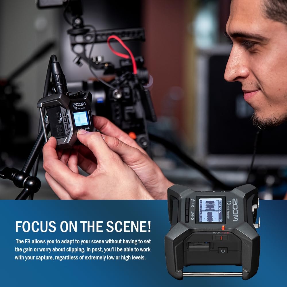 Zoom F3 Professional Field Recorder, 32-bit Float Recording, Dual A/D Converters, 2 XLR/TRS Inputs with Rechargeable Batteries, 2 XLR Cables, 64GB MicroSD & Headphone w/Built-In Microphone - Image 7