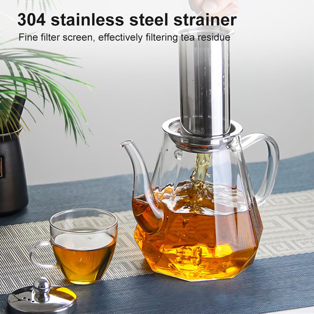 Teiera, teiera in vetro, teiera con colino, teiera in vetro resistente al calore, 1 l, teiera in vetro antigoccia, per tè e fiori di tè, incluso setaccio fine (1000 ml)