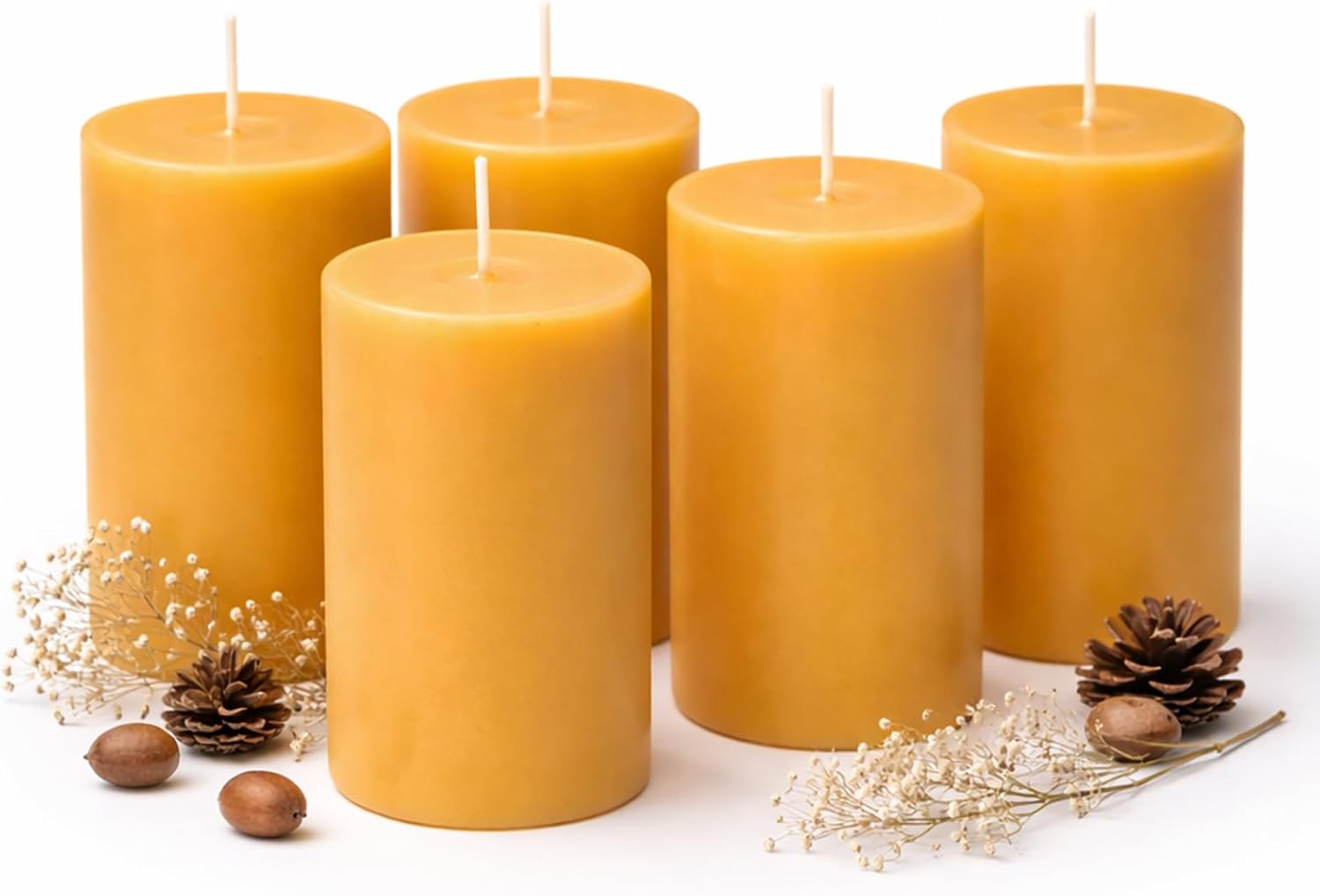 5 Natural Beeswax Pillar Candles, 100% Pure Natural Non Toxic Bees Wax,Long Burning for 175 Hours, Smokeless and Dripless, Yellow Beeswax Candles Bulk for Home, Emergency, Prayer, 2x4 Inches