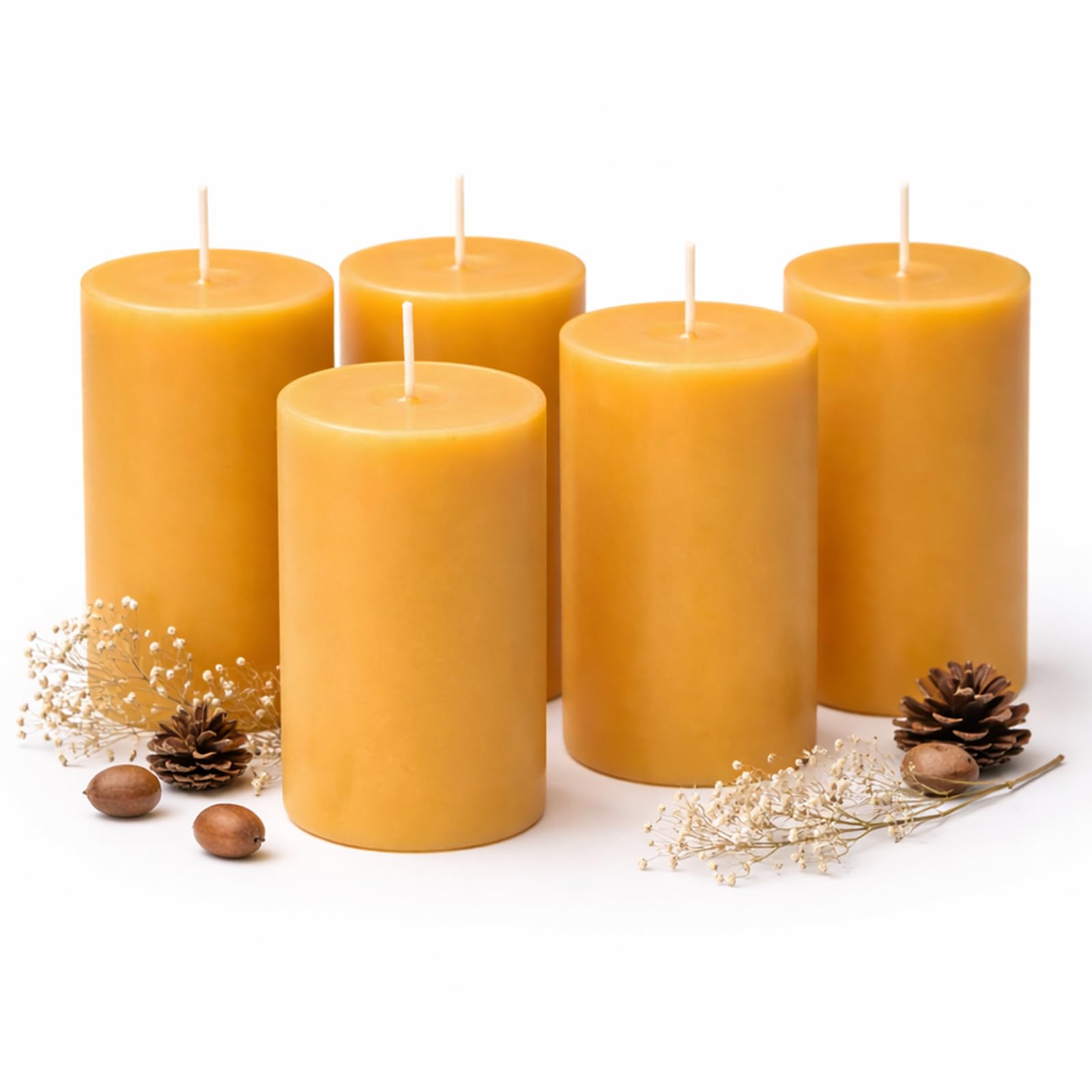 Confezione da 5 candele a colonna in cera d'api naturale, 100% pura cera d'api, 210 ore di combustione, candele in cera d'api biologica per casa, feste, senza goccia, senza fumo, candele in cera d'api