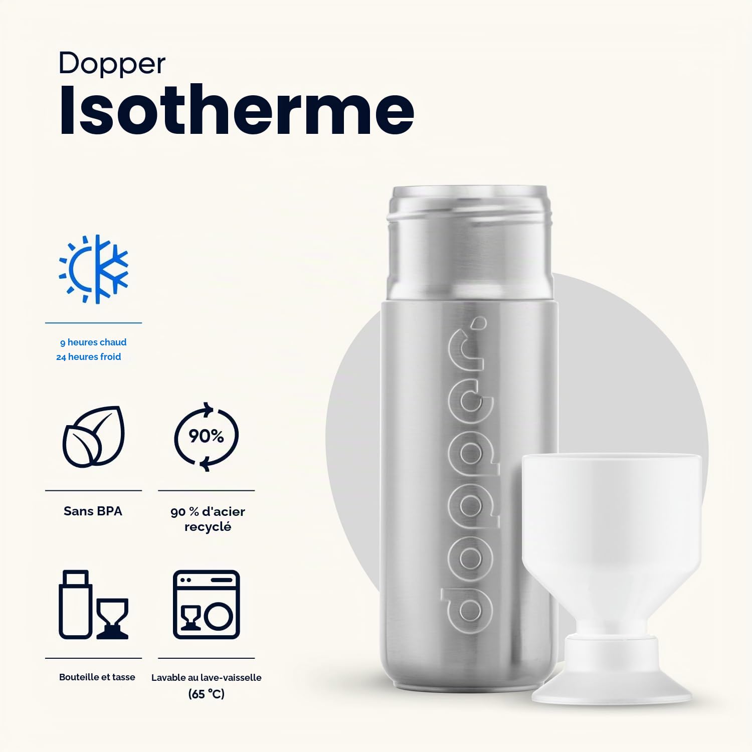 Dopper gourde isotherme argent 580 ml Double paroi, anti-fuite, isolée sous vide 9 h chaudes, 24 h froides Tasse isotherme en acier inoxydable