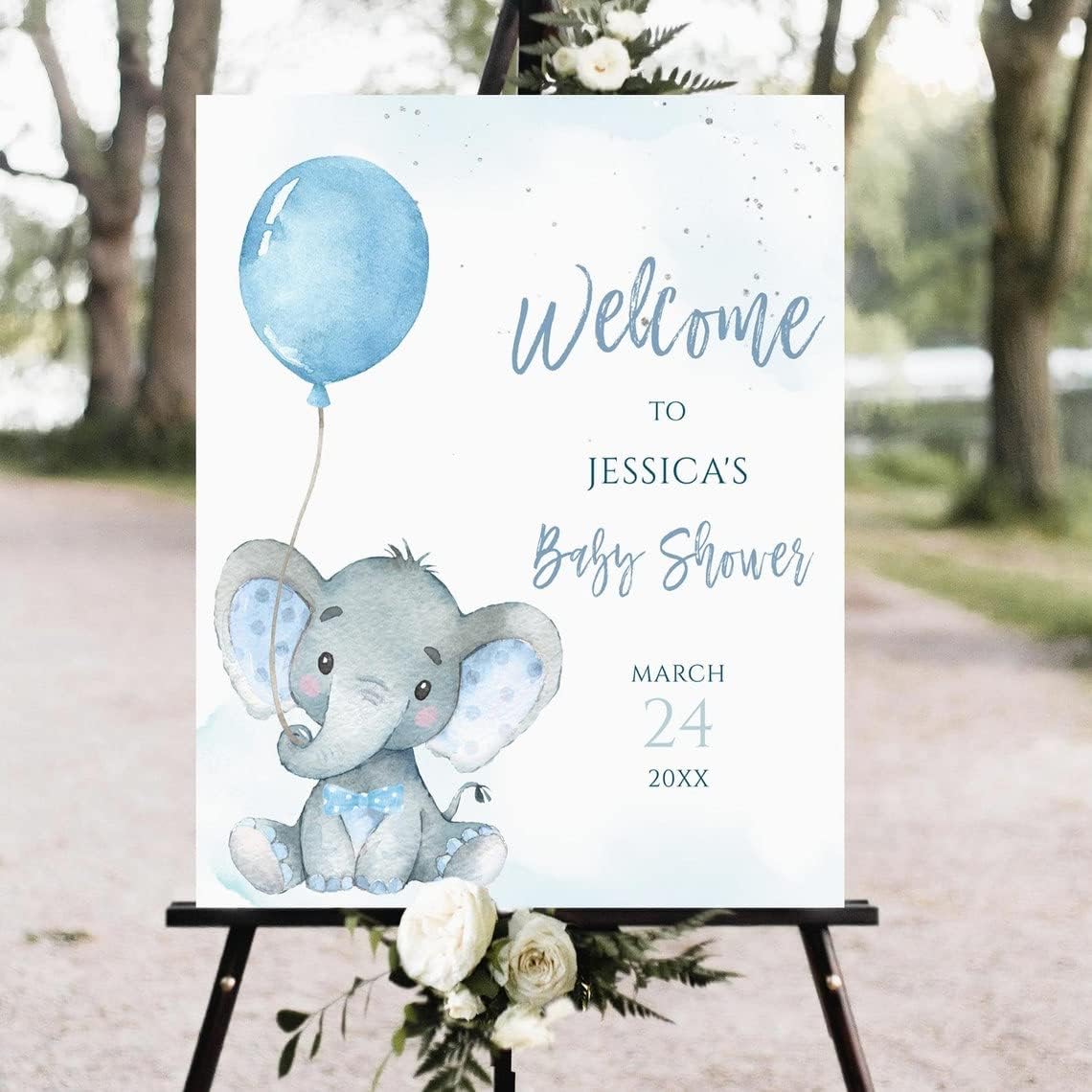 VIRAGIL Personalized Elephant Baby Shower Welcome Sign, Blue Floral Elephant Baby Shower Welcome Poster, Floral Elephant Baby Shower,Blue Balloon Baby Shower, Baby Shower Decorations