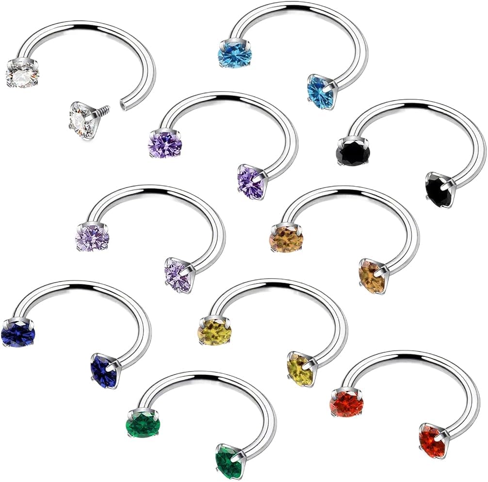 10 Piece Piercing Set 8 mm Horseshoe Shape Surgical Steel Glitter Crystals Internal Thread Nose Piercing Ear Piercing Lip Piercing Unisex Jewellery