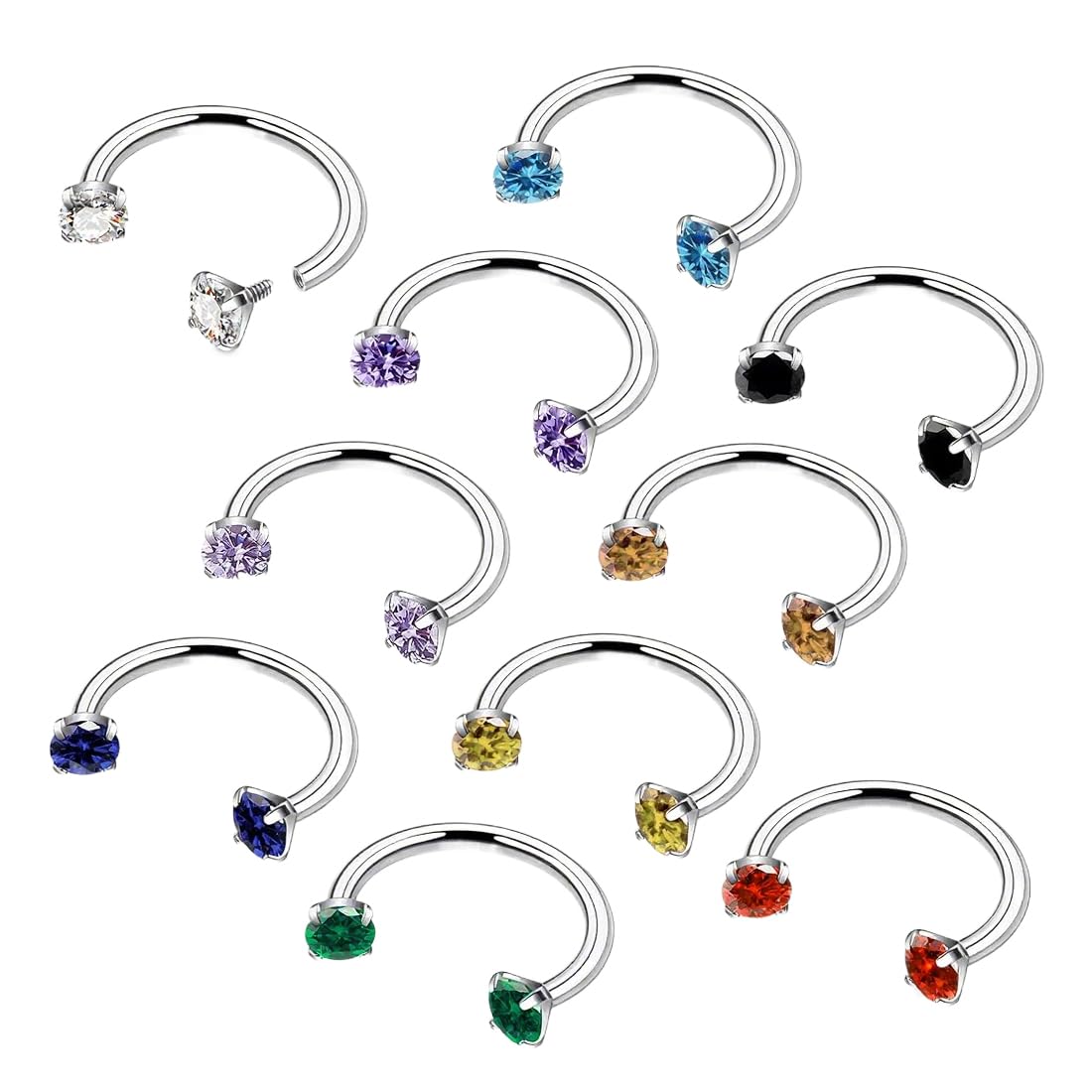 10 Piece Piercing Set 8 mm Horseshoe Shape Surgical Steel Glitter Crystals Internal Thread Nose Piercing Ear Piercing Lip Piercing Unisex Jewellery