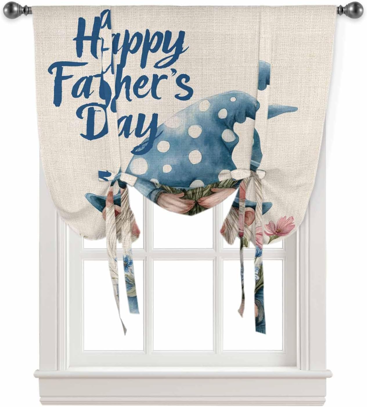Tie Up Curtains for Windows, Happy Father's Day Kitchen Curtain Adjustable Balloon Window Shades, Blue Gnomes Floral Linen Valance Curtains for Living Room/Bedroom/Cafe 52"x63"