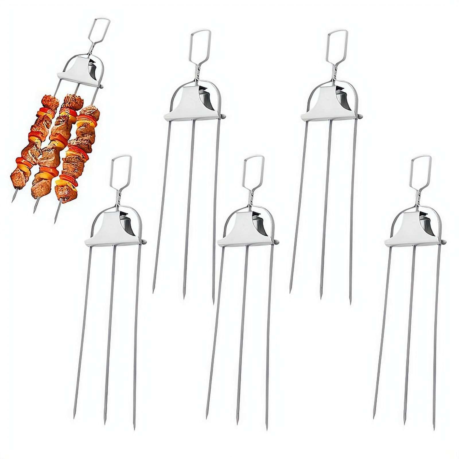3 Prong Skewers for Grilling, 14" Stainless Steel BBQ Skewer with Push-Off Slider, Reusable Metal Skewer for Meat, Chicken, Sausages, Veggies, Shrimp