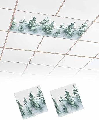 2 Pack Fluorescent Light Cover for Ceiling Lights, Forest Green Ombre Magnetic Classroom Light Filters 4x2 Feet, Watercolor Sage Green Trees Decorative Ceiling Shade Panel for Office