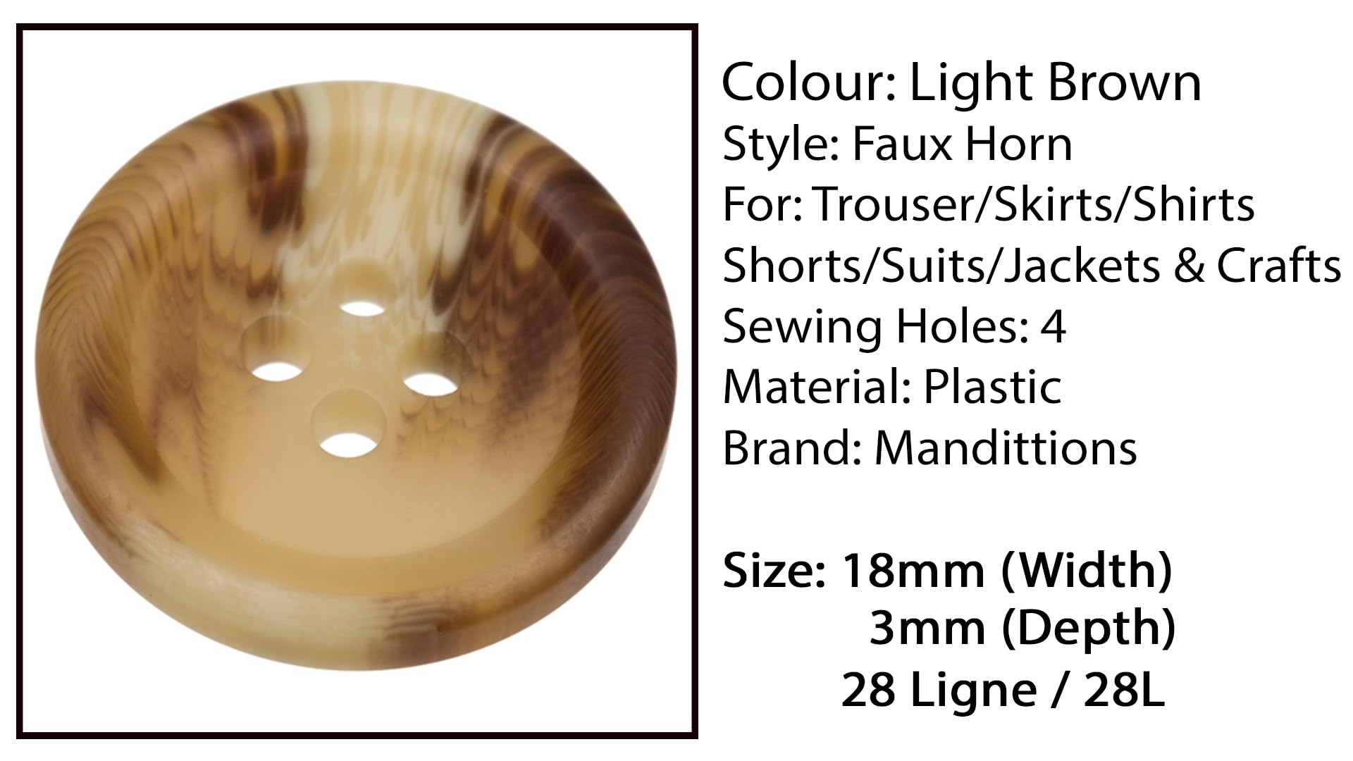Pack of 10 Light Mixed Brown 18mm Round Faux Horn Sew On Plastic Buttons for Trousers Suits, Skirts Knitwear Cardigans Flat 4 Holes 28L - Image 3
