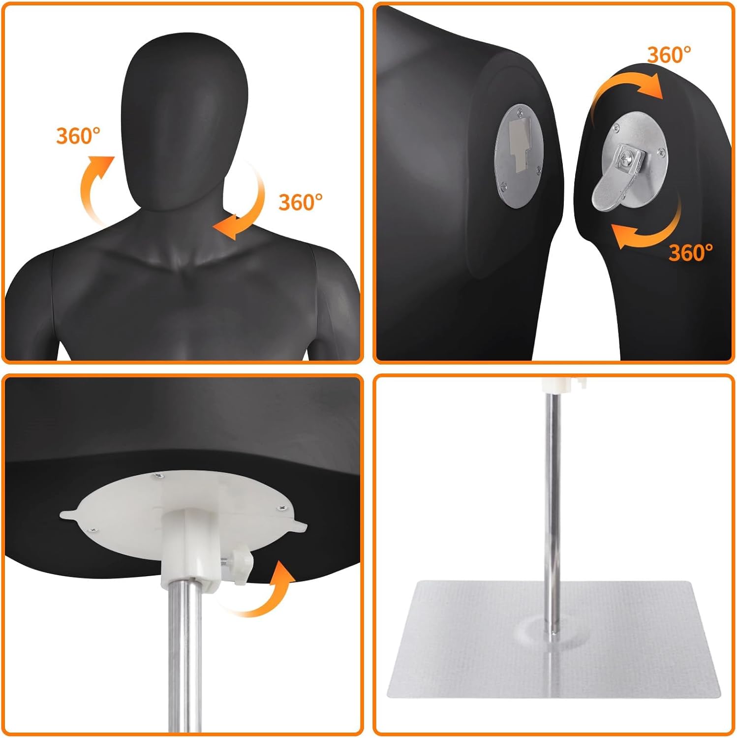 Dress Form Male Mannequin Torso Body,Height Adjustable Plastic Half Body Display with Metal Stand, Dress Form for Retail Clothing Shops,Black