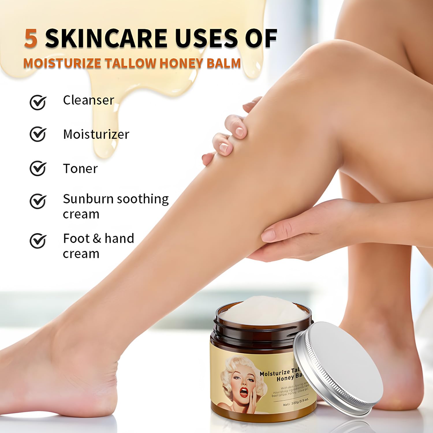 Tallow and Honey Balm For Skin，Organic Beef Tallow Face Moisturizer Blam，Cleanser Hydrating Grass Fed Tallow and Honey Blam For Face